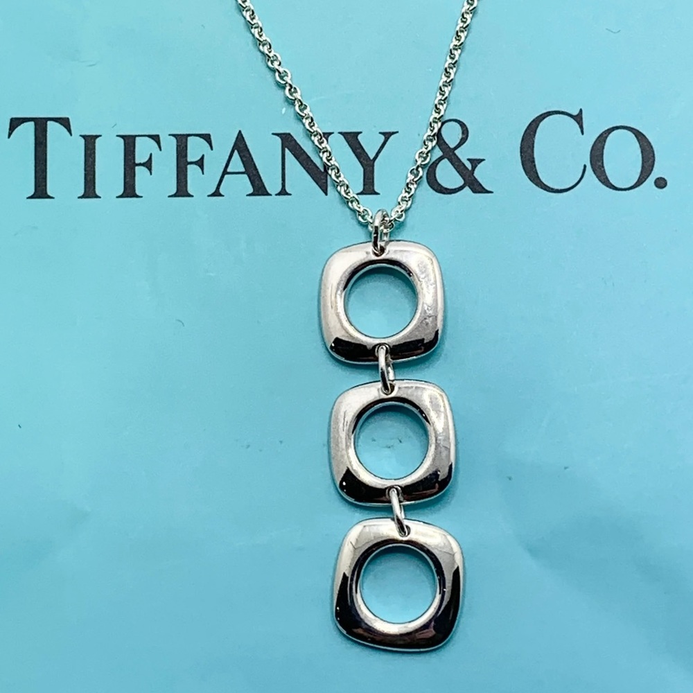 Authentic Tiffany & Co. 925 Triple Square Cushion Drop Dangle Pendant Necklace